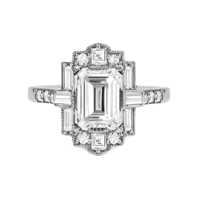 Art Deco Emerald Cut Moissanite Milgrain Engagement Ring