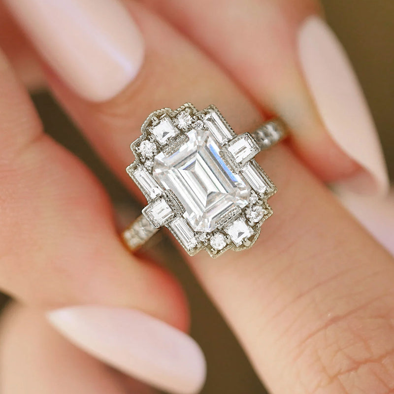 Art Deco Emerald Cut Moissanite Milgrain Engagement Ring