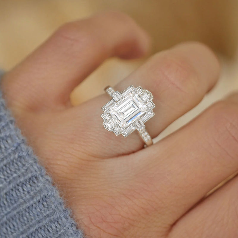 Art Deco Emerald Cut Moissanite Milgrain Engagement Ring