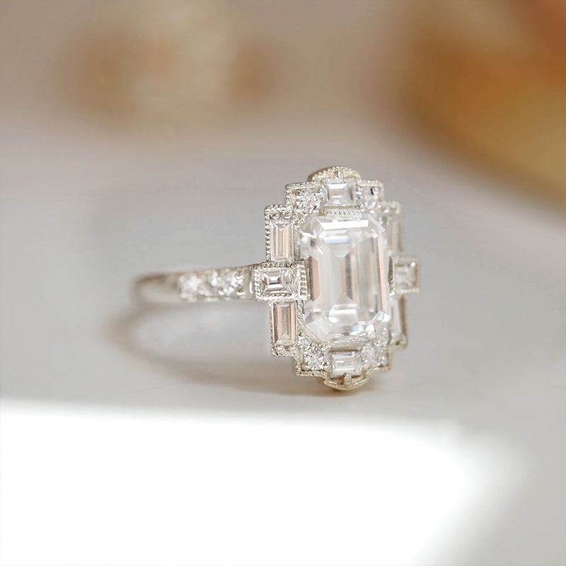 Art Deco Emerald Cut Moissanite Milgrain Engagement Ring
