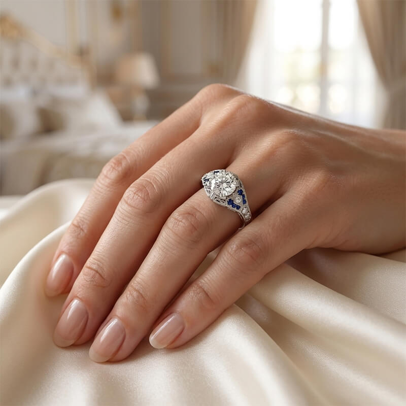 Art Deco Gallery Vintage Moissanite Milgrain & Blue Accent Engagement Ring