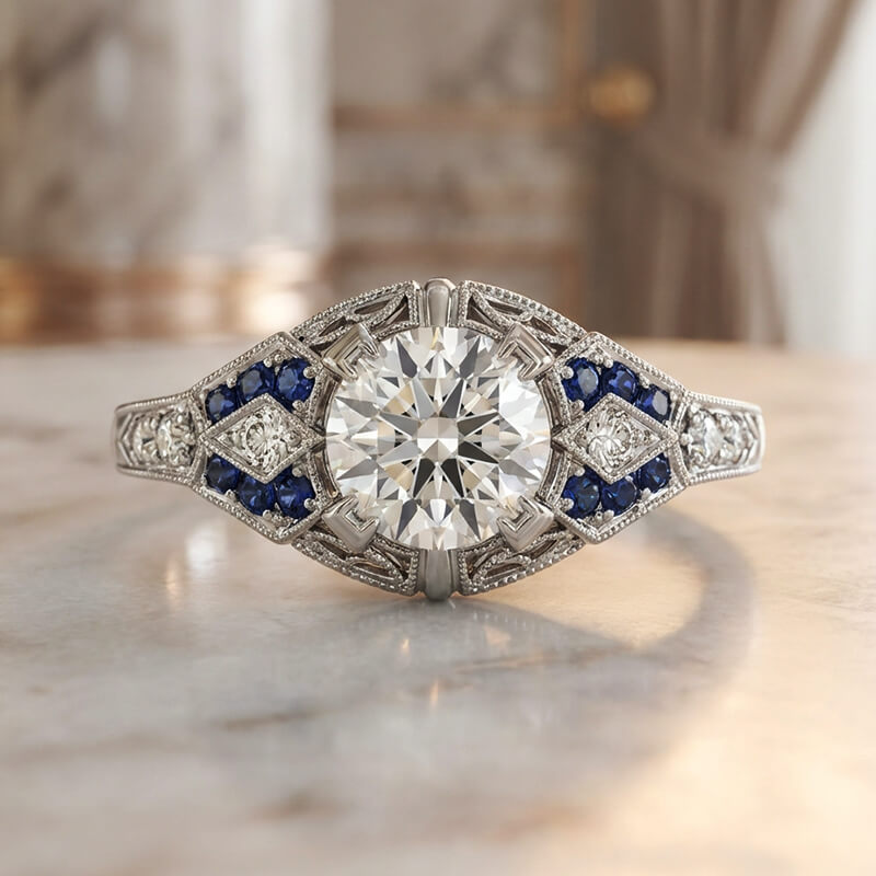 Art Deco Gallery Vintage Moissanite Milgrain & Blue Accent Engagement Ring