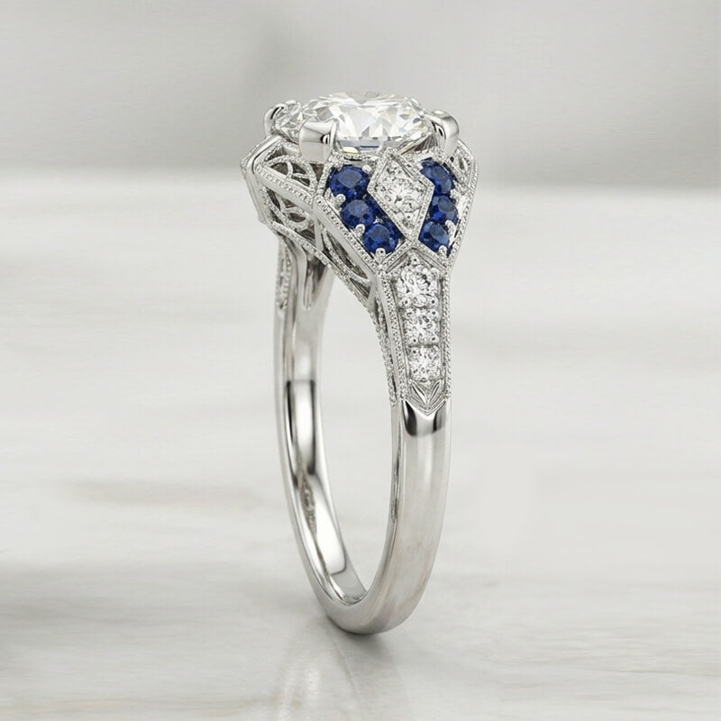 Art Deco Gallery Vintage Moissanite Milgrain & Blue Accent Engagement Ring