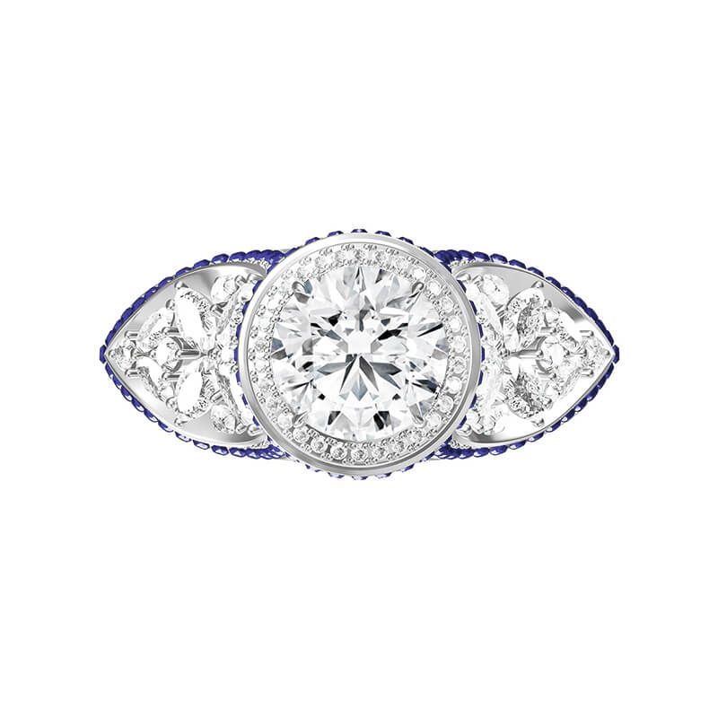 Art Deco Halo Round Moissanite Cluster Side-stone Sapphire Pave Engagement Ring