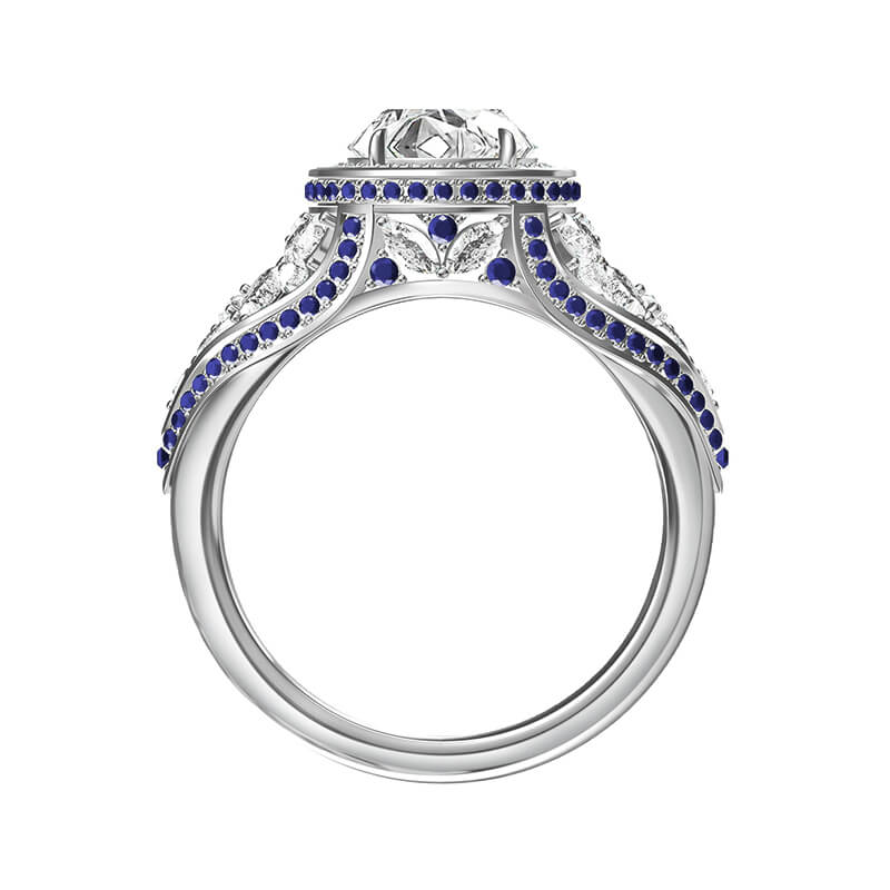 Art Deco Halo Round Moissanite Cluster Side-stone Sapphire Pave Engagement Ring