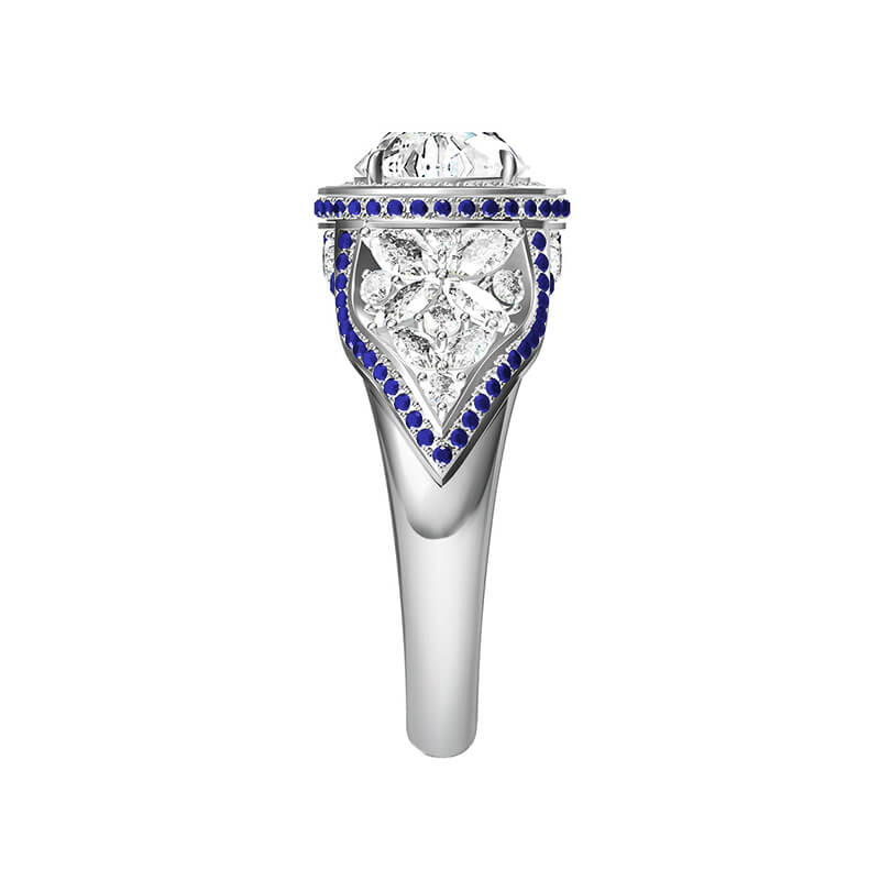 Art Deco Halo Round Moissanite Cluster Side-stone Sapphire Pave Engagement Ring