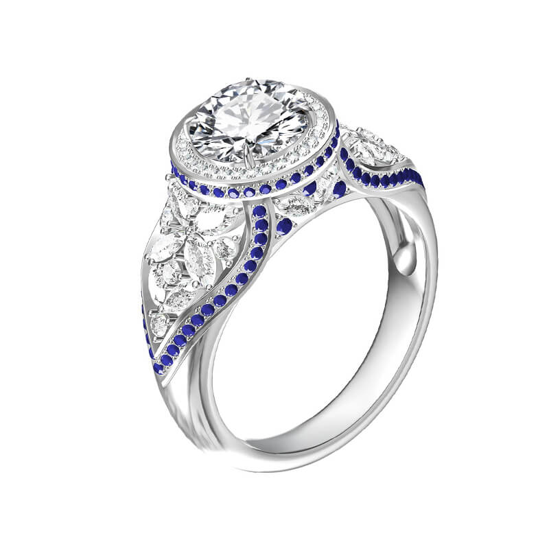 Art Deco Halo Round Moissanite Cluster Side-stone Sapphire Pave Engagement Ring