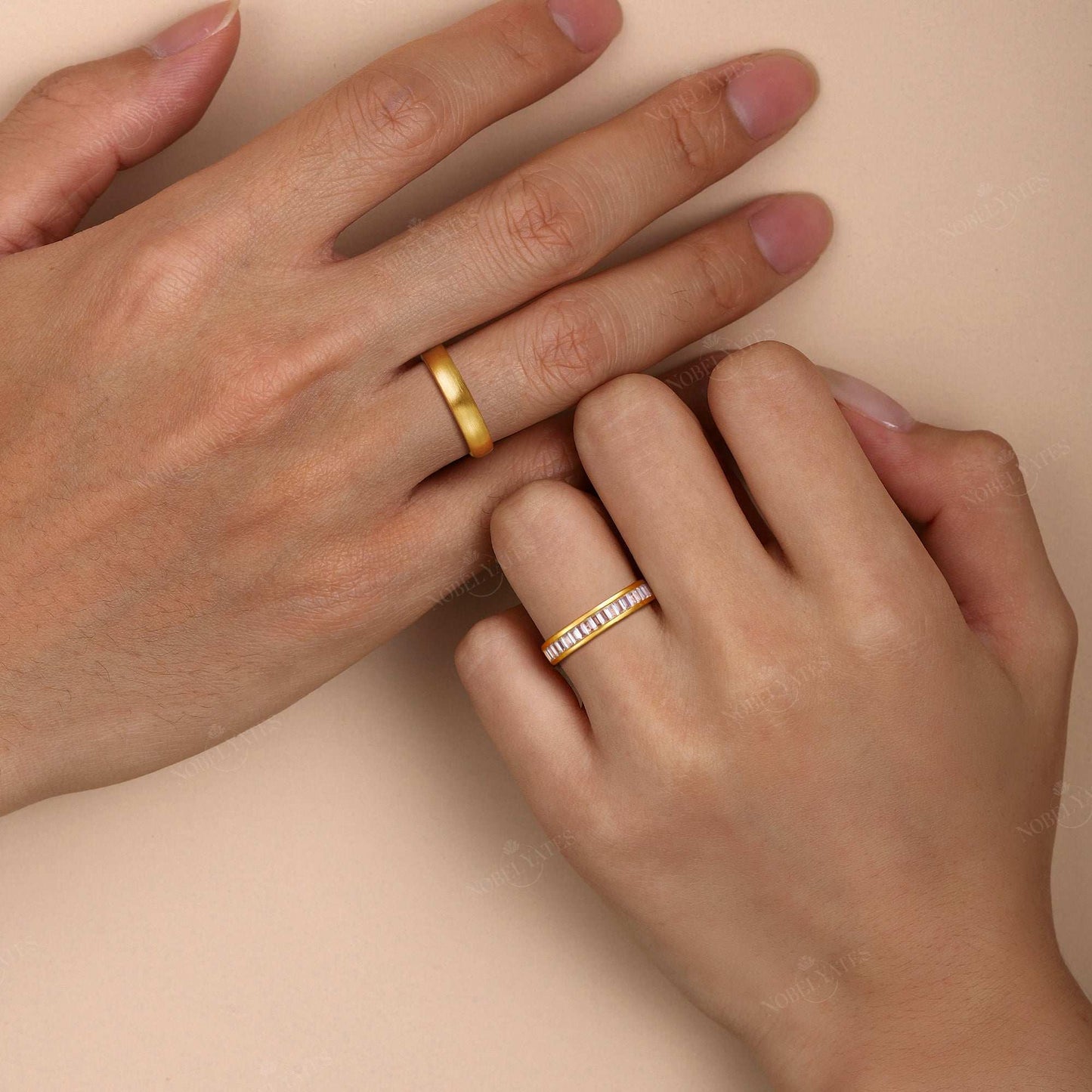 Art Deco Lab Diamond Gold Wedding Band Couples