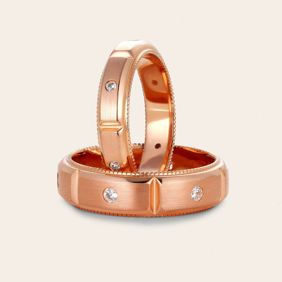 Art Deco Lab Diamond Milgrain Wedding Band Couples