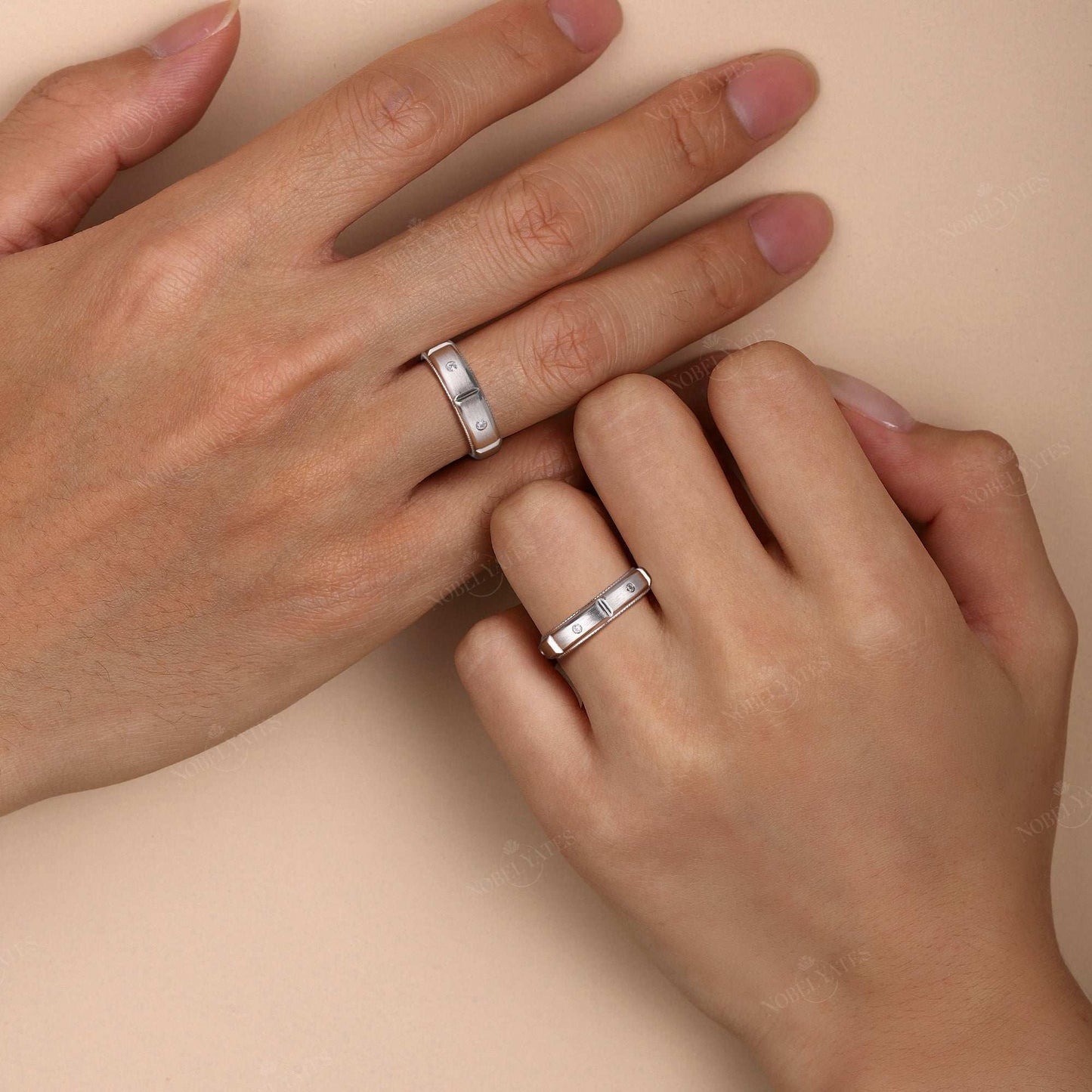 Art Deco Lab Diamond Milgrain Wedding Band Couples