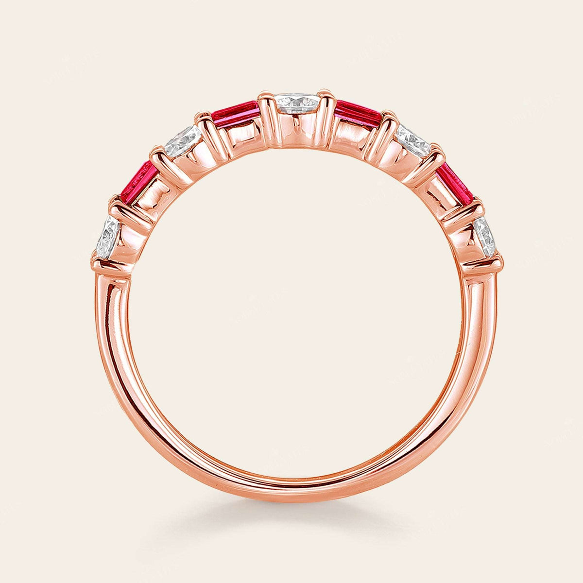 Art Deco Lab Ruby Baguette & Lab Diamond Round Wedding Band