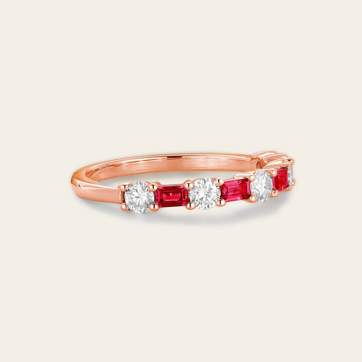 Art Deco Lab Ruby Baguette & Lab Diamond Round Wedding Band