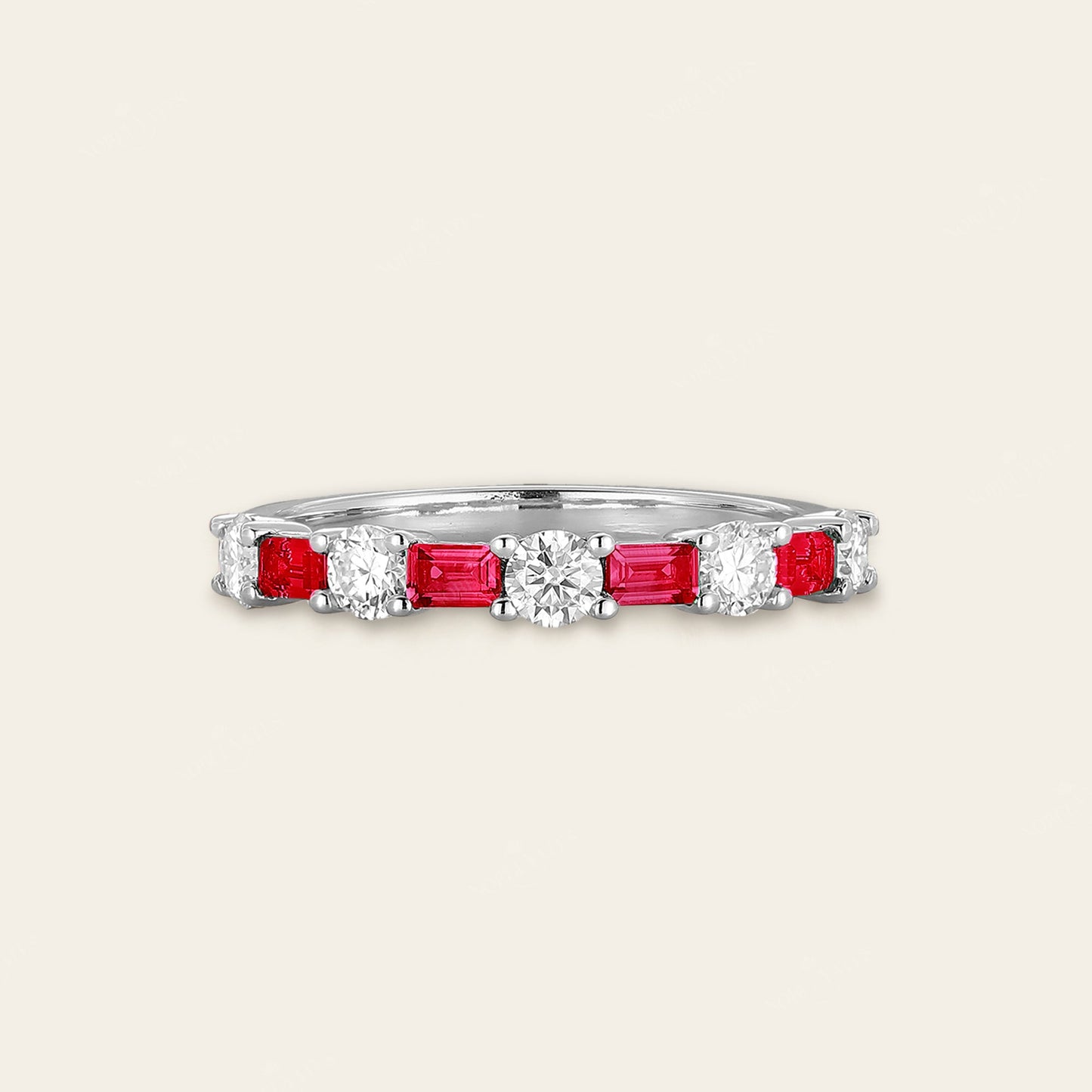 Art Deco Lab Ruby Baguette & Lab Diamond Round Wedding Band
