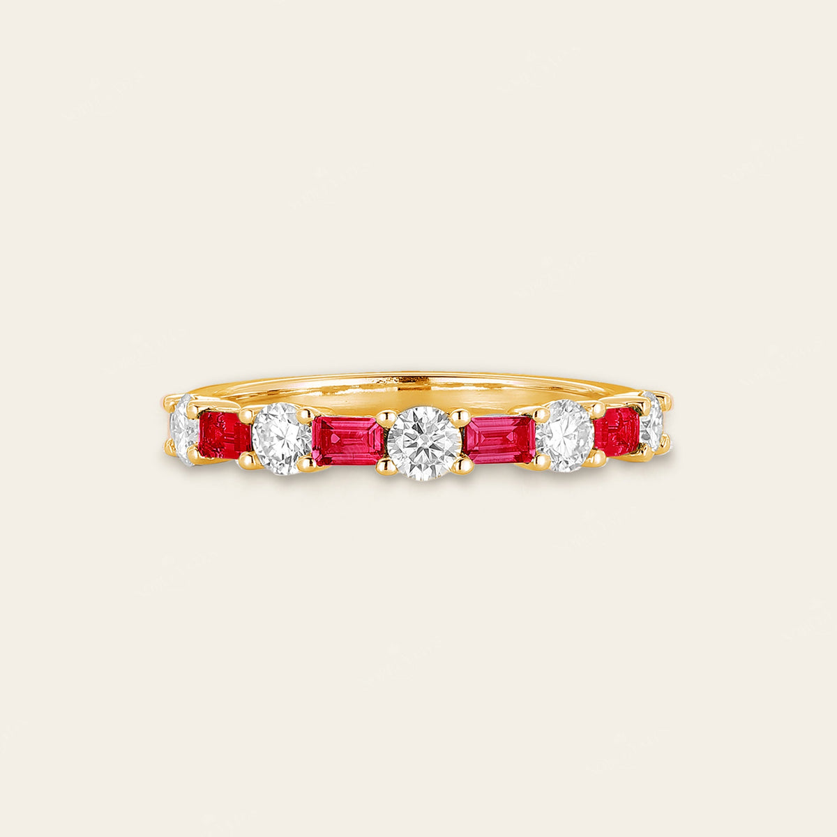 Art Deco Lab Ruby Baguette & Lab Diamond Round Wedding Band