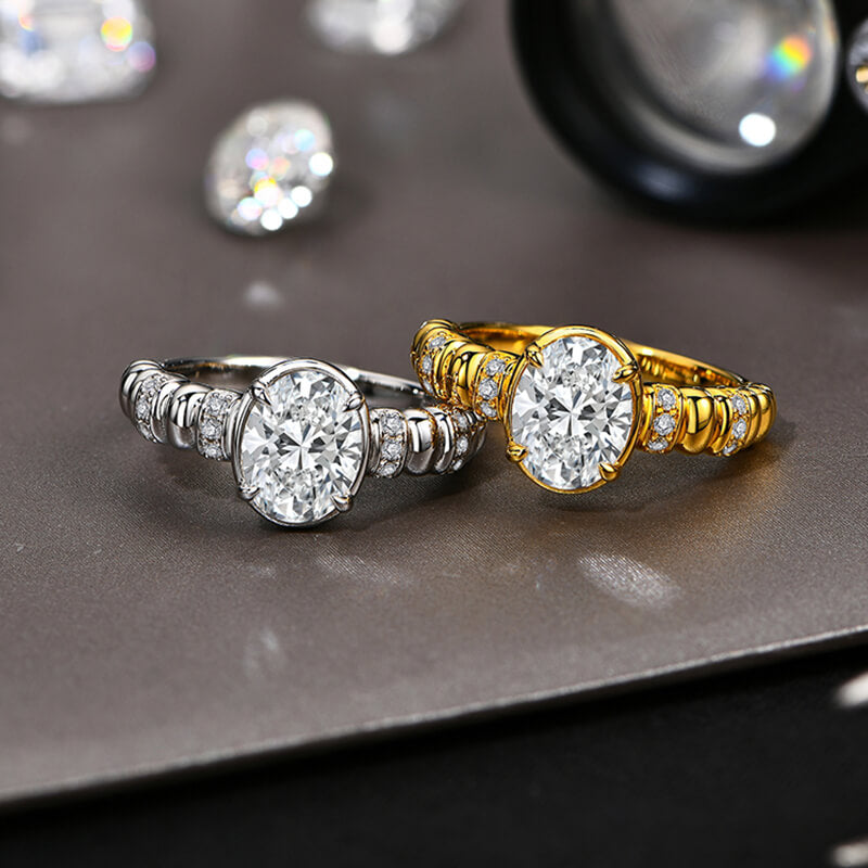 Art Deco Oval Cut Moissanite Arch Side Stone Engagement Ring