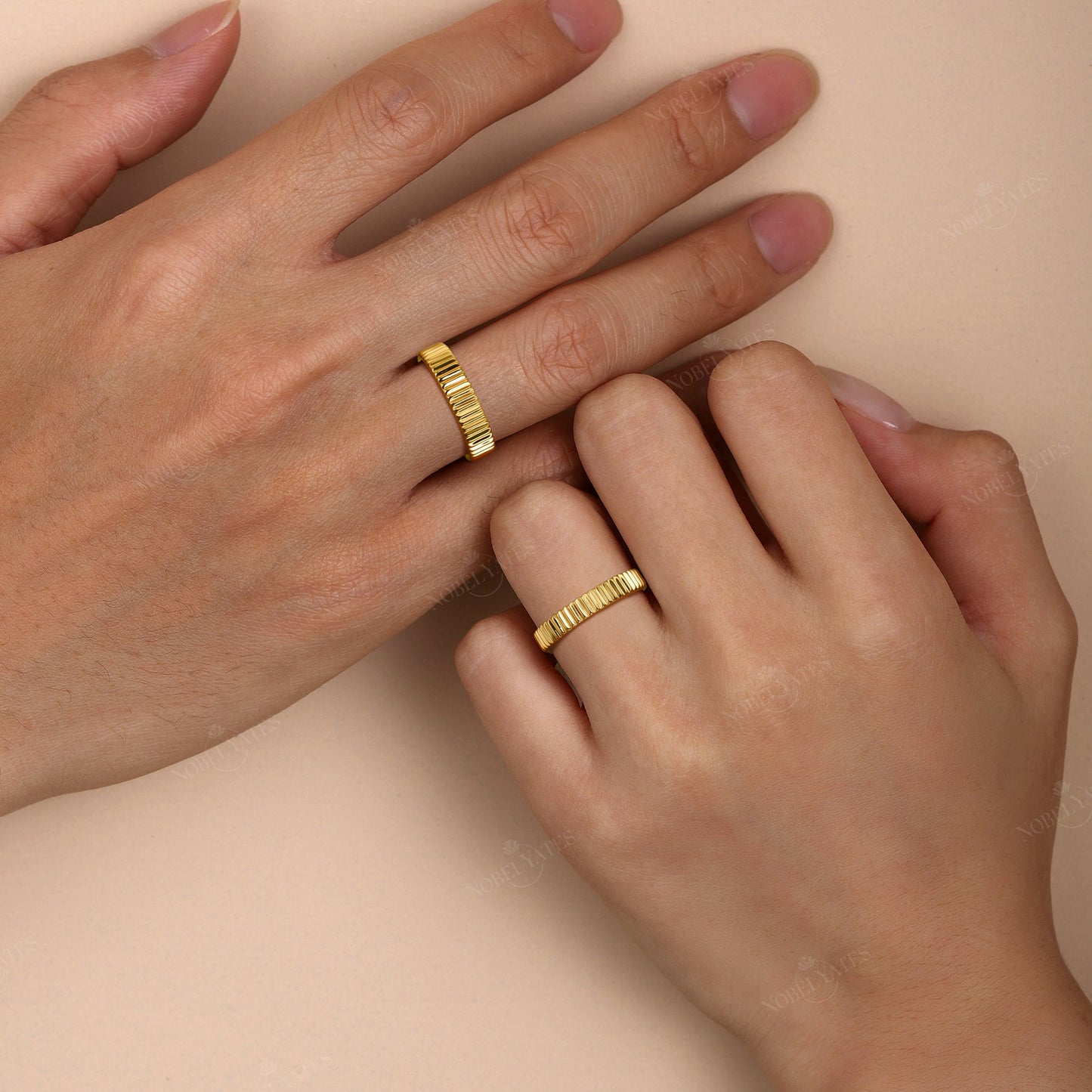 Art Deco Plain Gold 3.45mm&4.95mm Width Wedding Band Couples