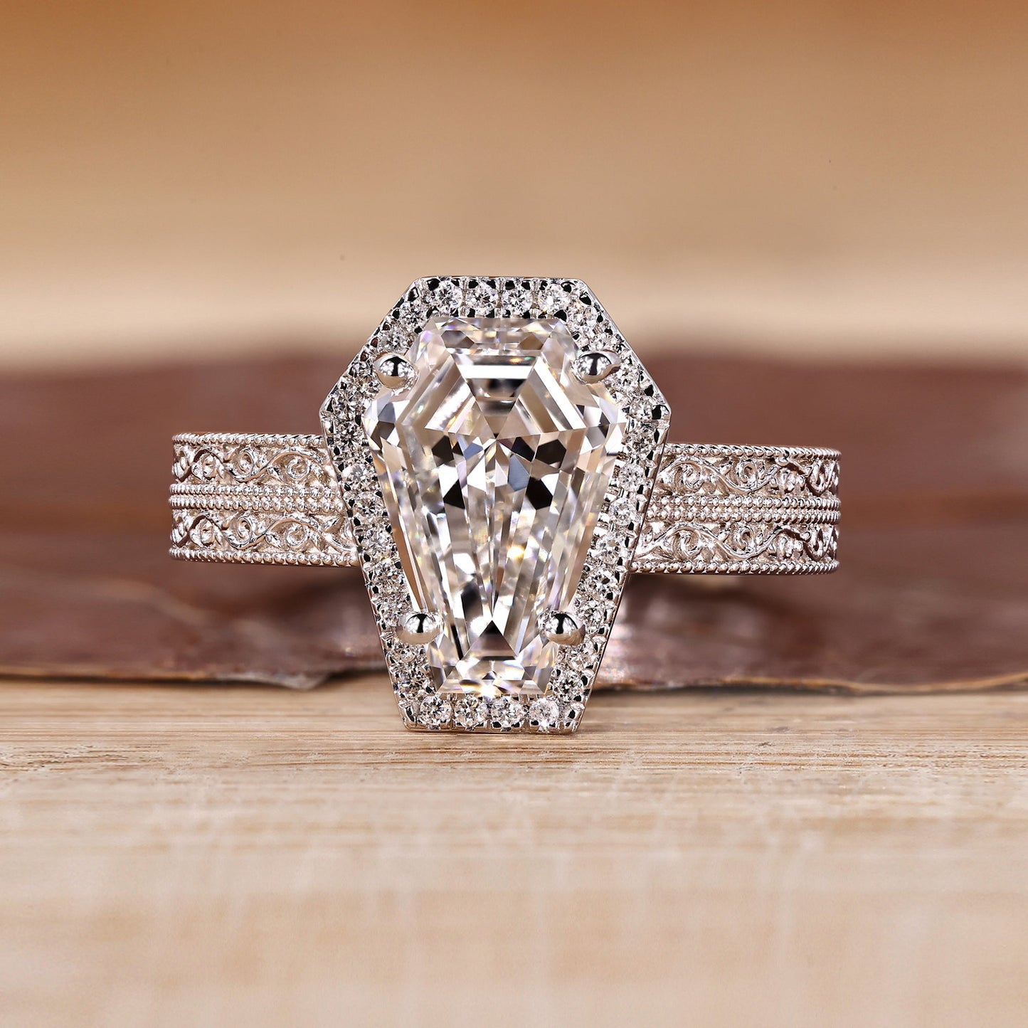 Coffin Cut Engagement Ring with Milgrain Details