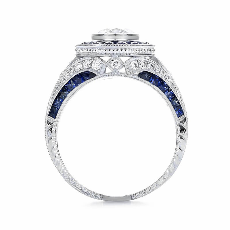 Art Deco Sapphire Halo And Moissanite Pave Milgrain Engagement Ring