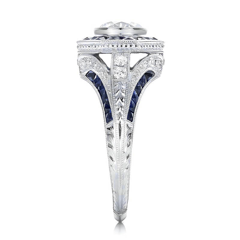 Art Deco Sapphire Halo And Moissanite Pave Milgrain Engagement Ring