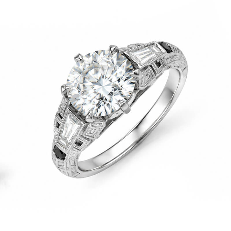 Art Deco Skyscraper Inspired Moissanite Baguette & Milgrain Accent Engagement Ring