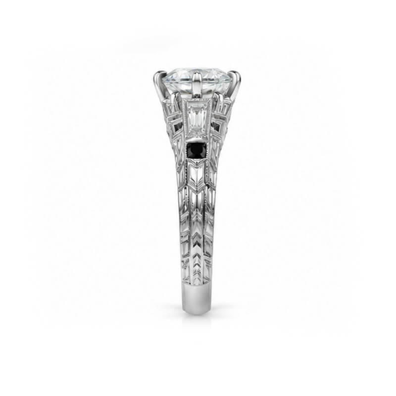 Art Deco Skyscraper Inspired Moissanite Baguette & Milgrain Accent Engagement Ring