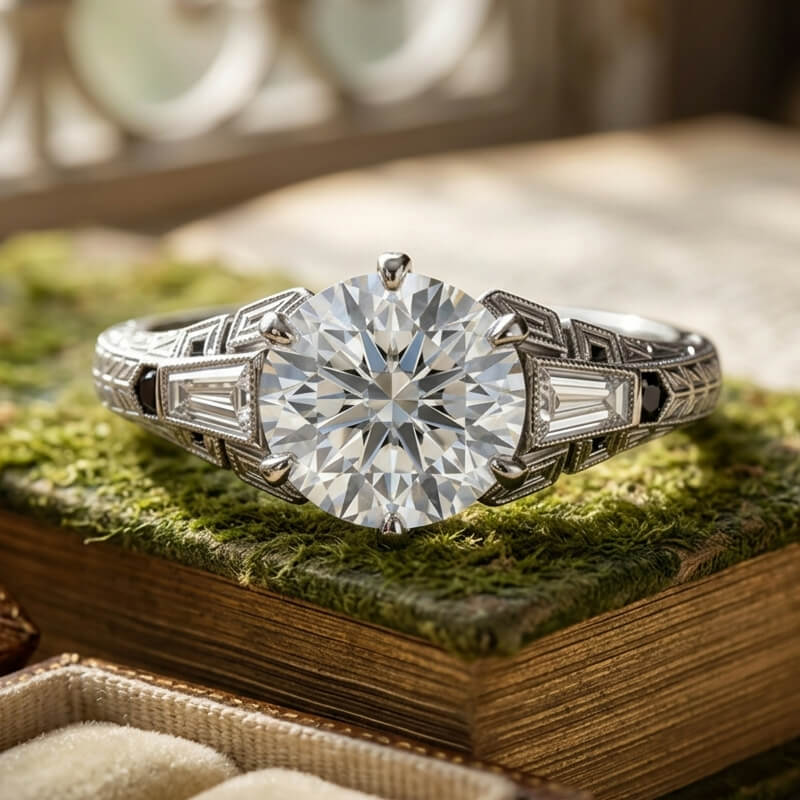 Art Deco Skyscraper Inspired Moissanite Baguette & Milgrain Accent Engagement Ring