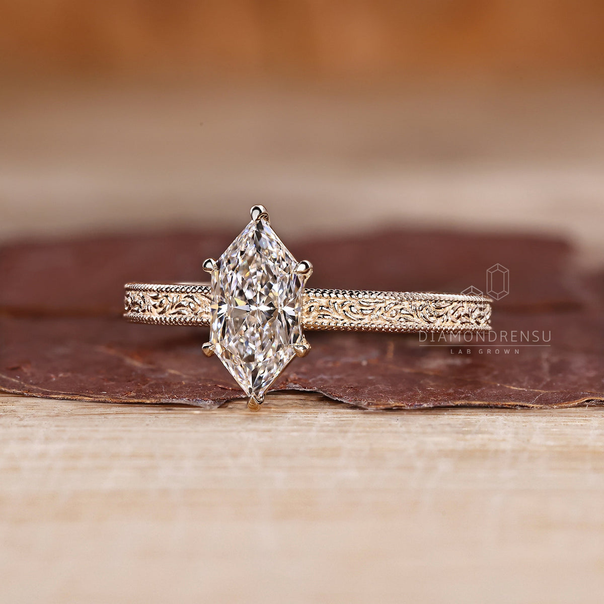 Solitaire Dutch Marquise Ring with Art Deco Ocean Wave Band