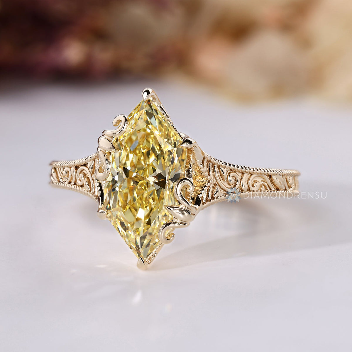 Yellow Dutch Marquise Diamond Ring in Art Deco Tulip Setting