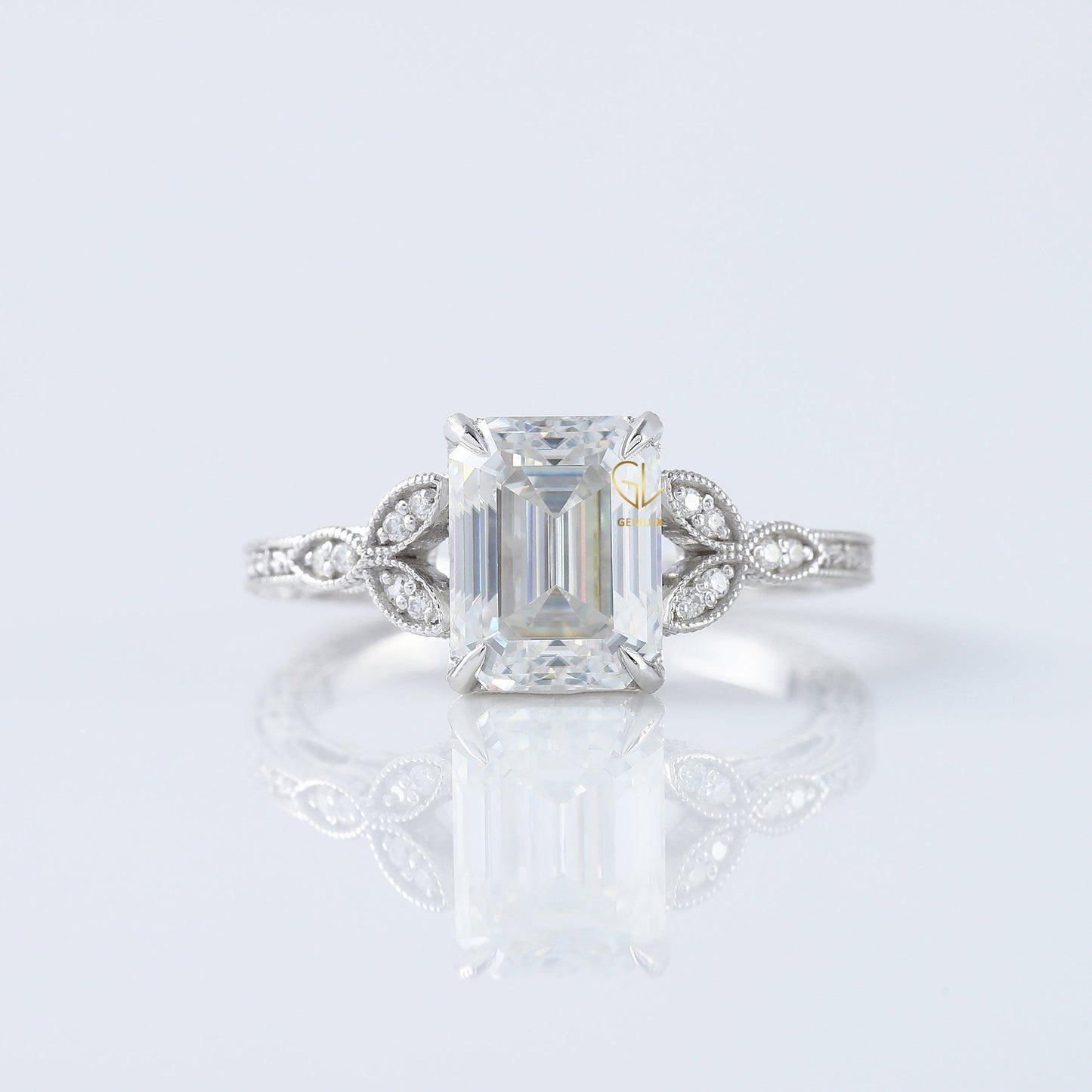 Art Deco Vintage Emerald Cut Moissanite Diamond Filigree Ring