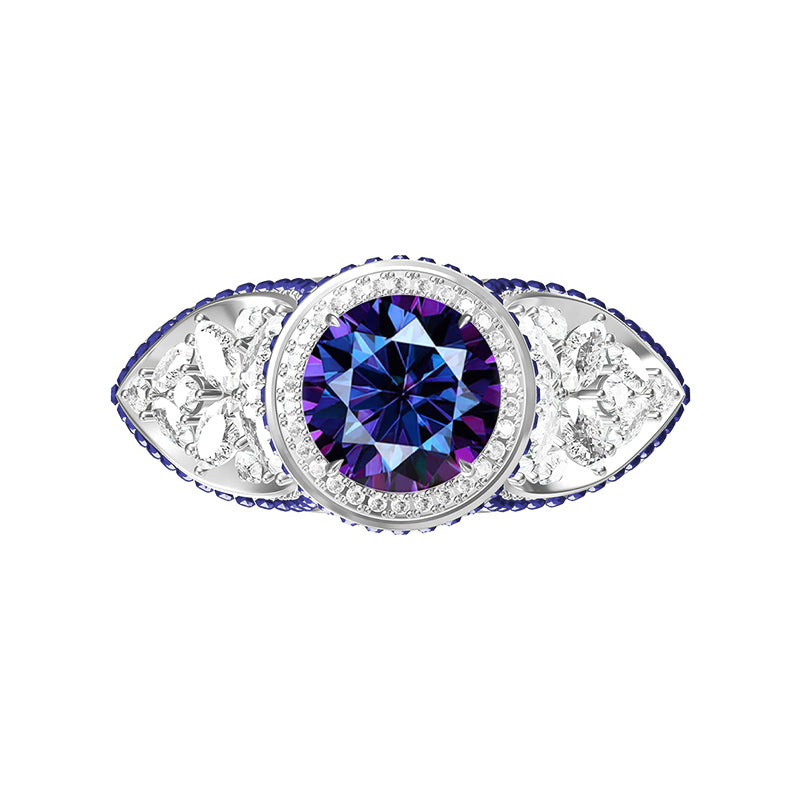 Art Deco Halo Round Moissanite Cluster Side-stone Sapphire Pave Engagement Ring
