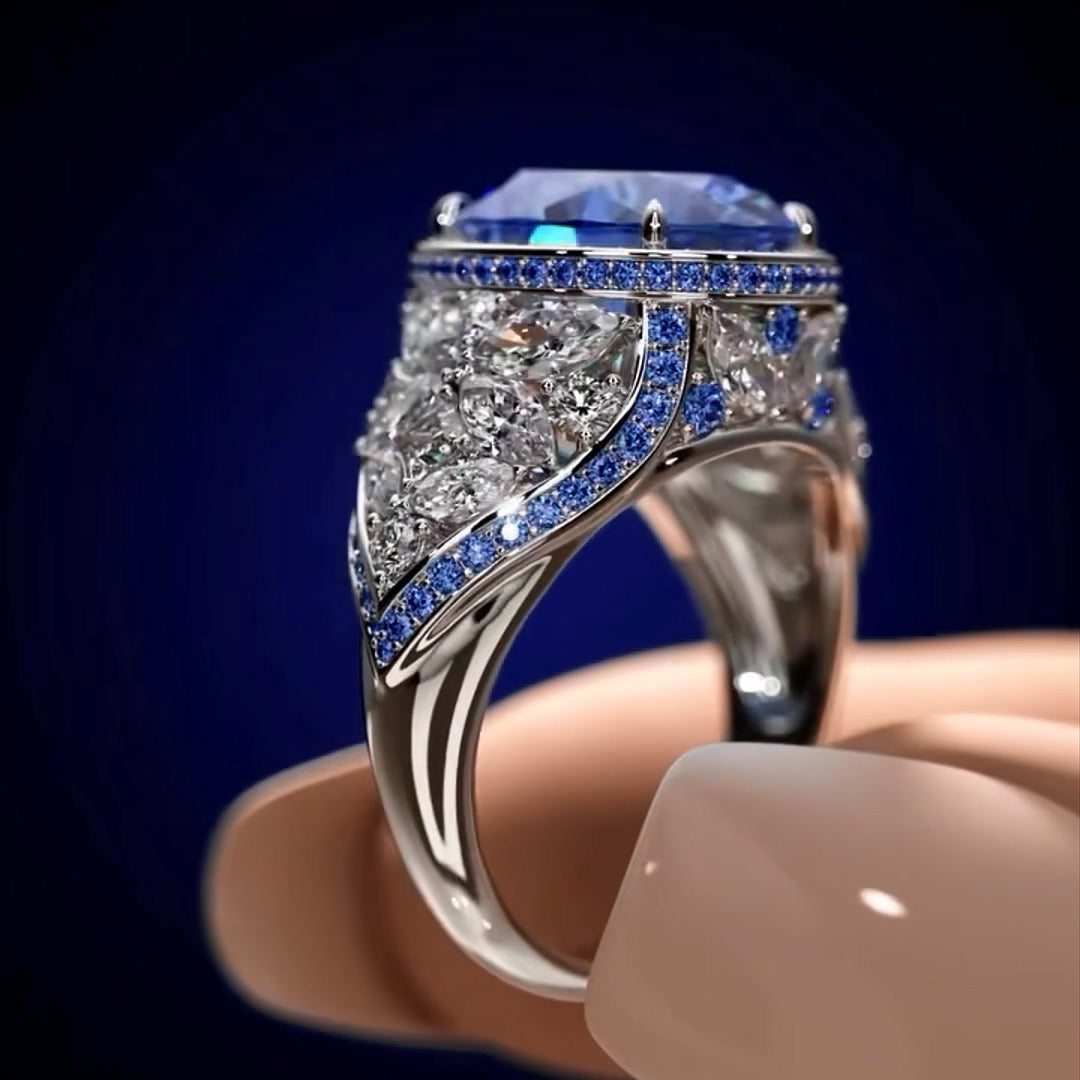 Art Deco Halo Round Moissanite Cluster Side-stone Sapphire Pave Engagement Ring