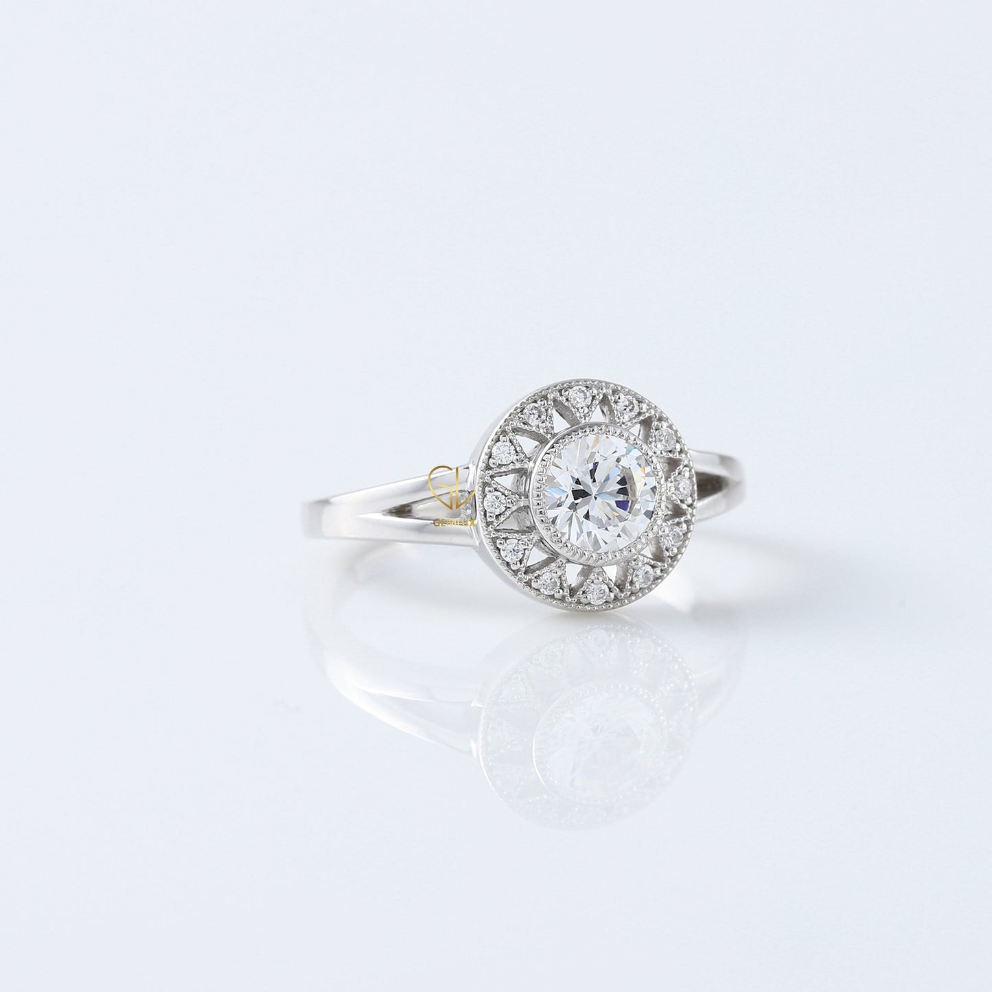 Art Deco Round Moissanite Halo Engagement Ring - White Gold