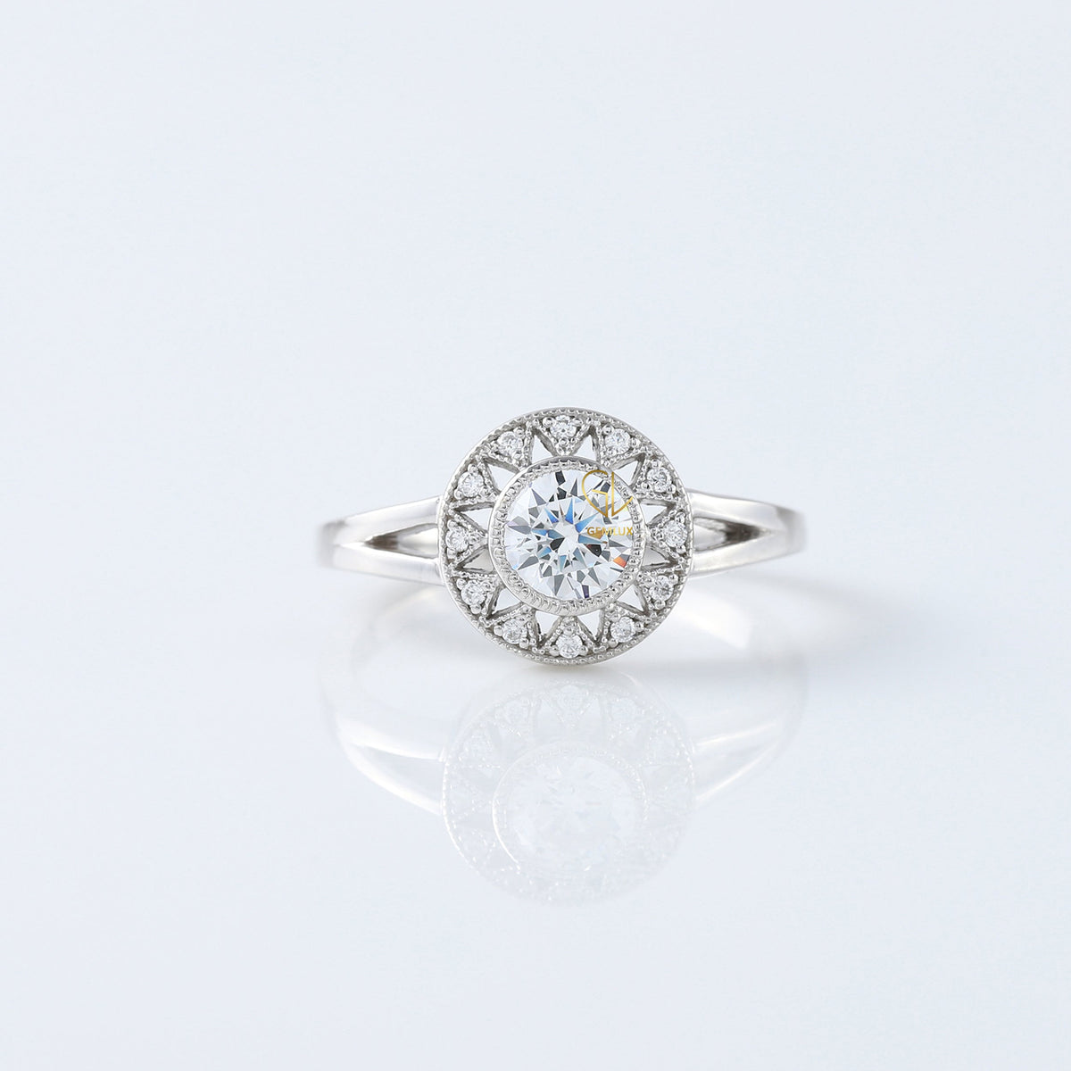Art Deco Round Moissanite Halo Engagement Ring - White Gold