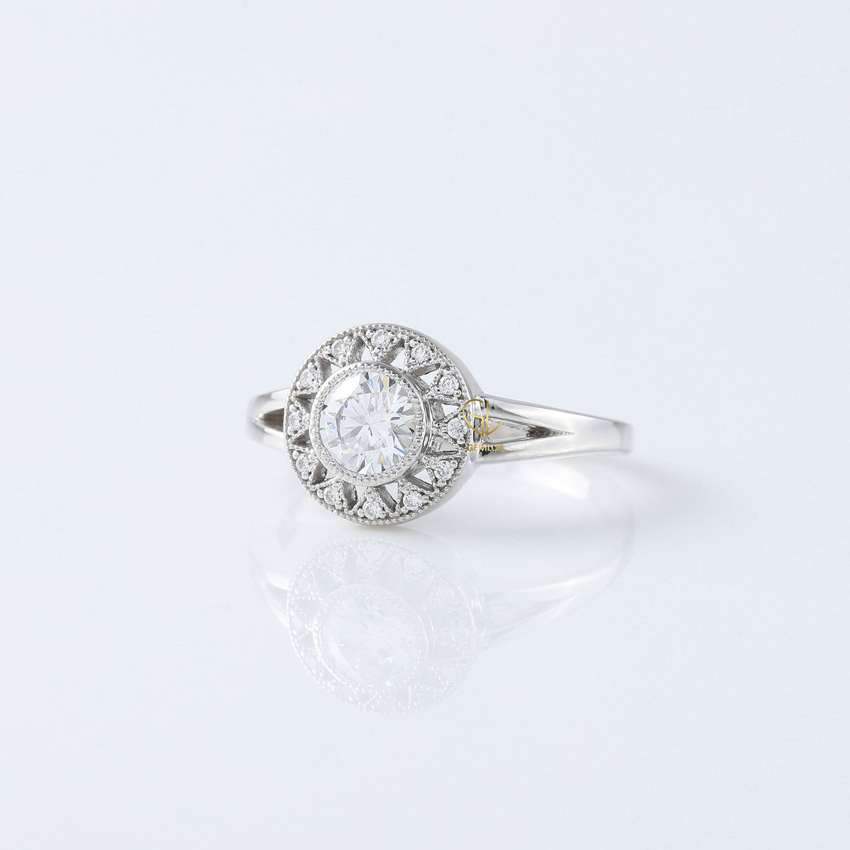 Art Deco Round Moissanite Halo Engagement Ring - White Gold