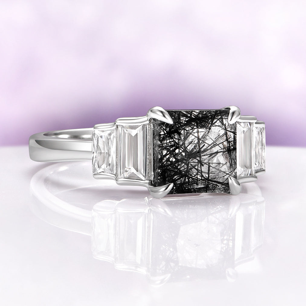 Art Deco Rutilated Quartz Engagement Ring in Sterling Silver