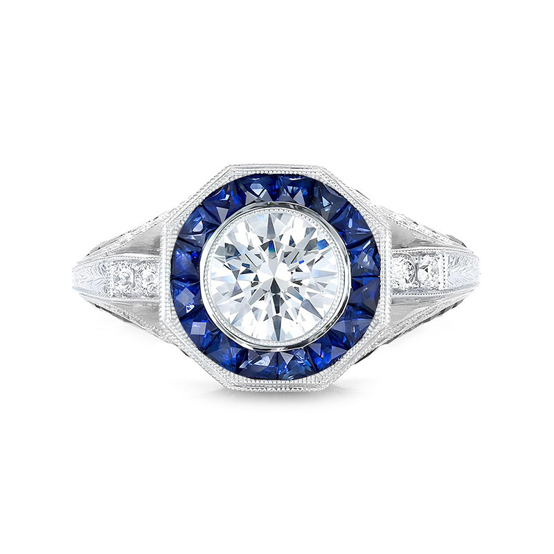 Art Deco Sapphire Halo And Moissanite Pave Milgrain Engagement Ring