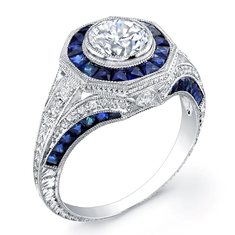 Art Deco Sapphire Halo And Moissanite Pave Milgrain Engagement Ring