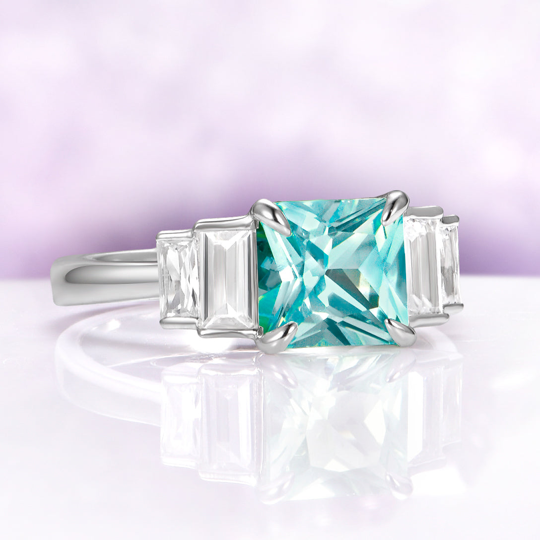 Art Deco Teal Sapphire Engagement Ring in Sterling Silver
