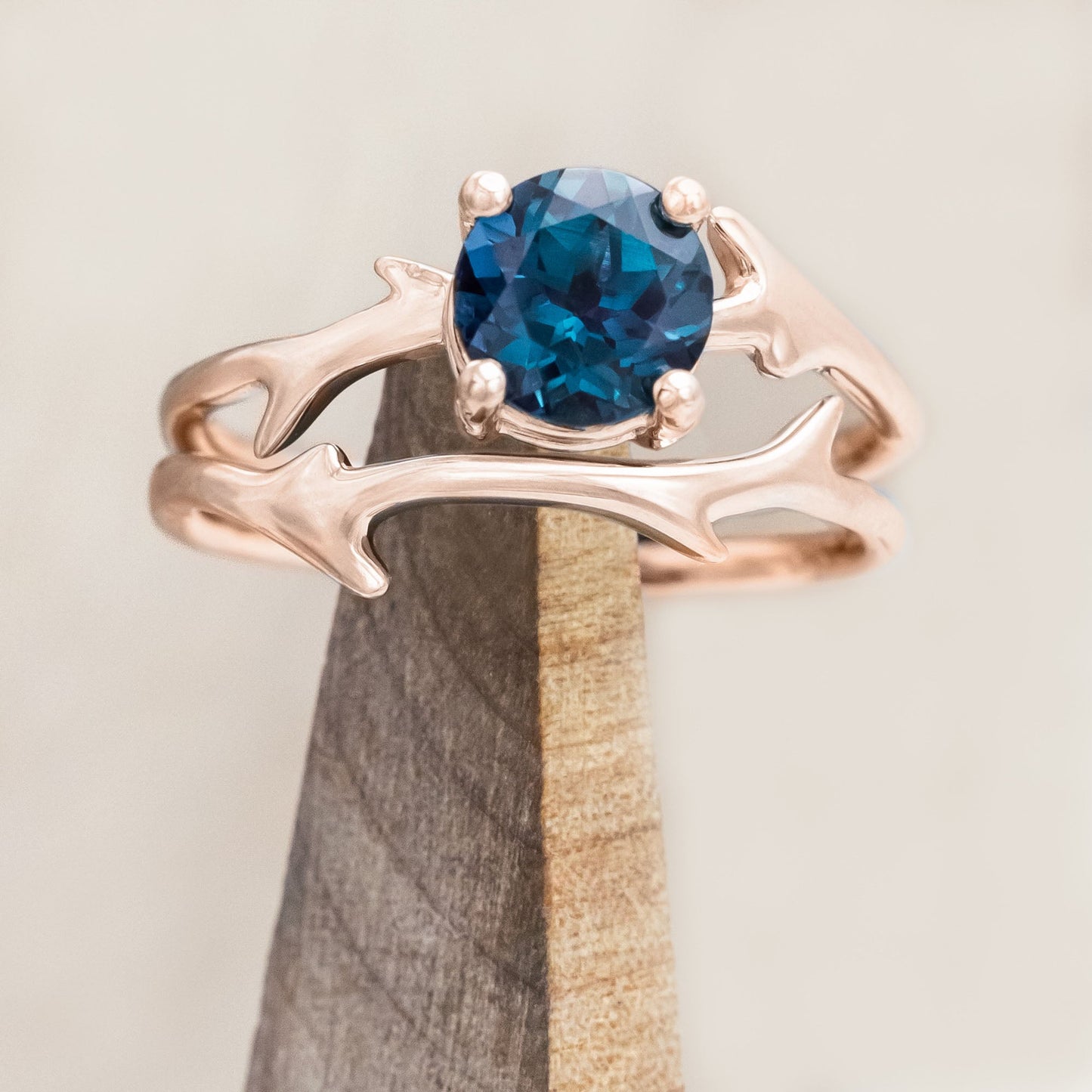"Artemis" - Round Cut Lab-Grown Alexandrite Engagement Ring With An Antler-Style Band