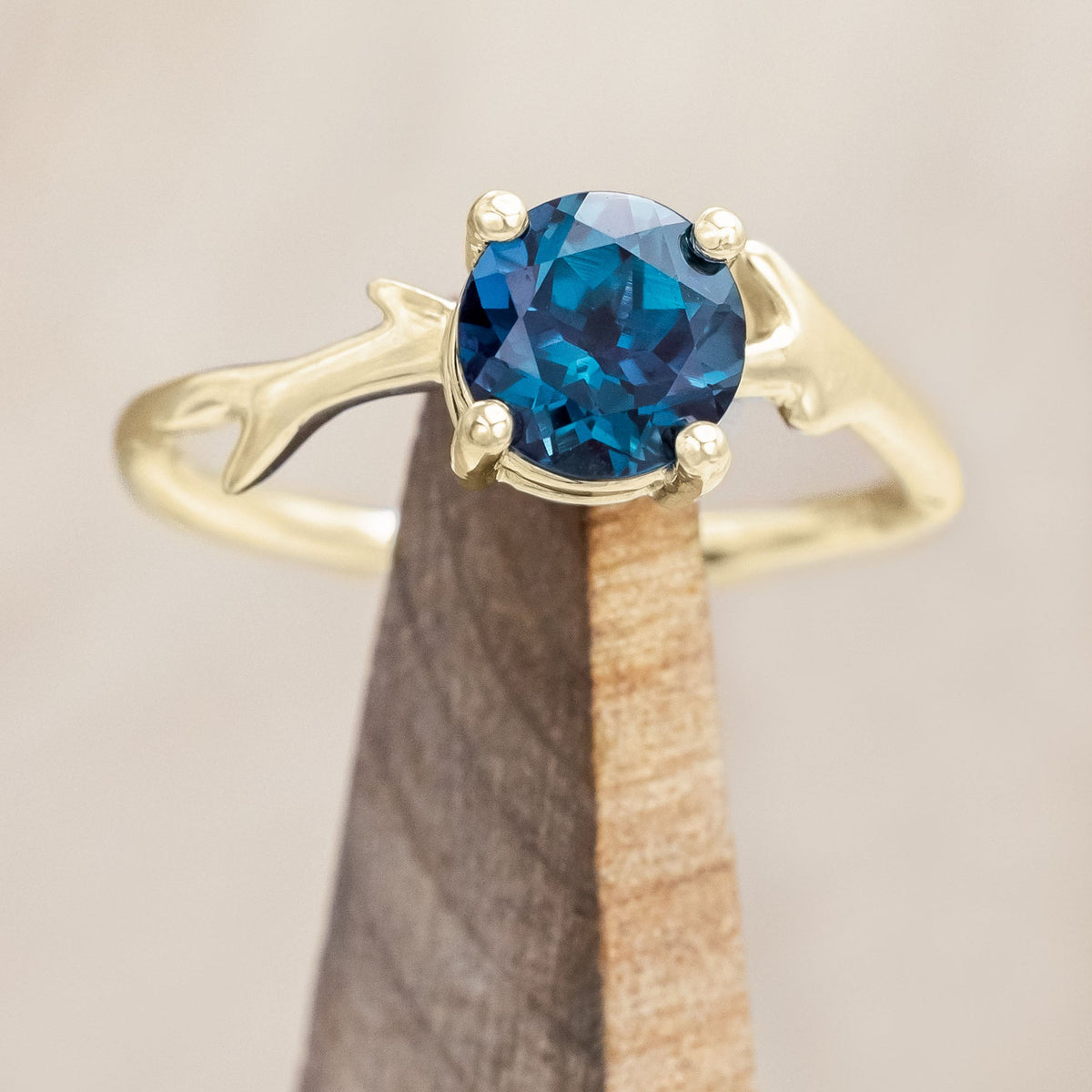"Artemis" - Round Cut Lab-Grown Alexandrite Engagement Ring With An Antler-Style Band