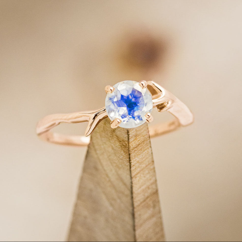 "Artemis" - Round Moonstone Engagement Ring With An Antler-Stacking Band