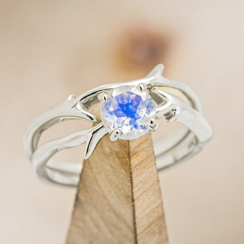 "Artemis" - Round Moonstone Engagement Ring With An Antler-Stacking Band