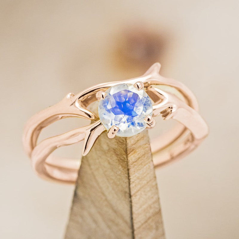 "Artemis" - Round Moonstone Engagement Ring With An Antler-Stacking Band