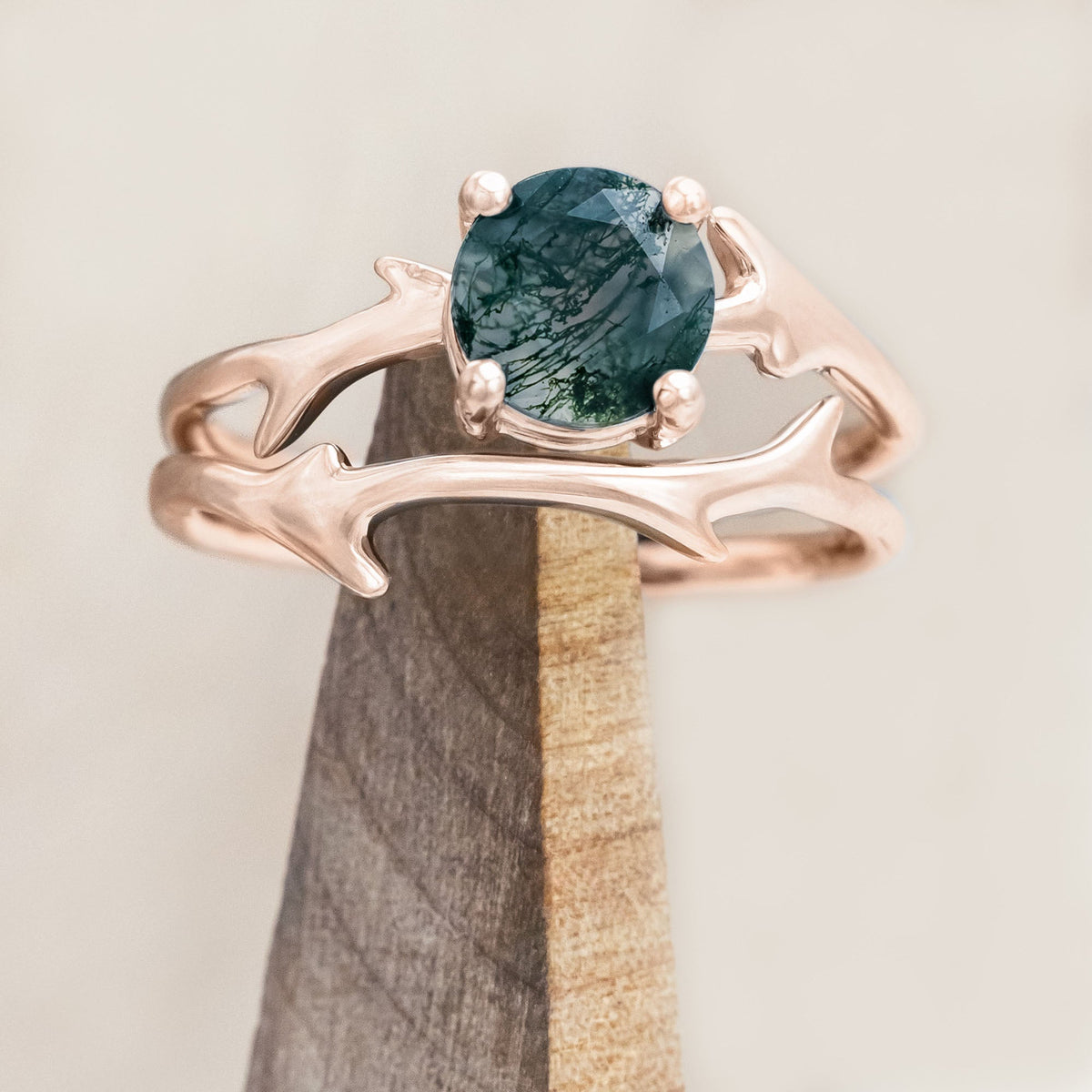 "Artemis" - Round Cut Moss Agate Engagement Ring With An Antler-Style Stacking Band