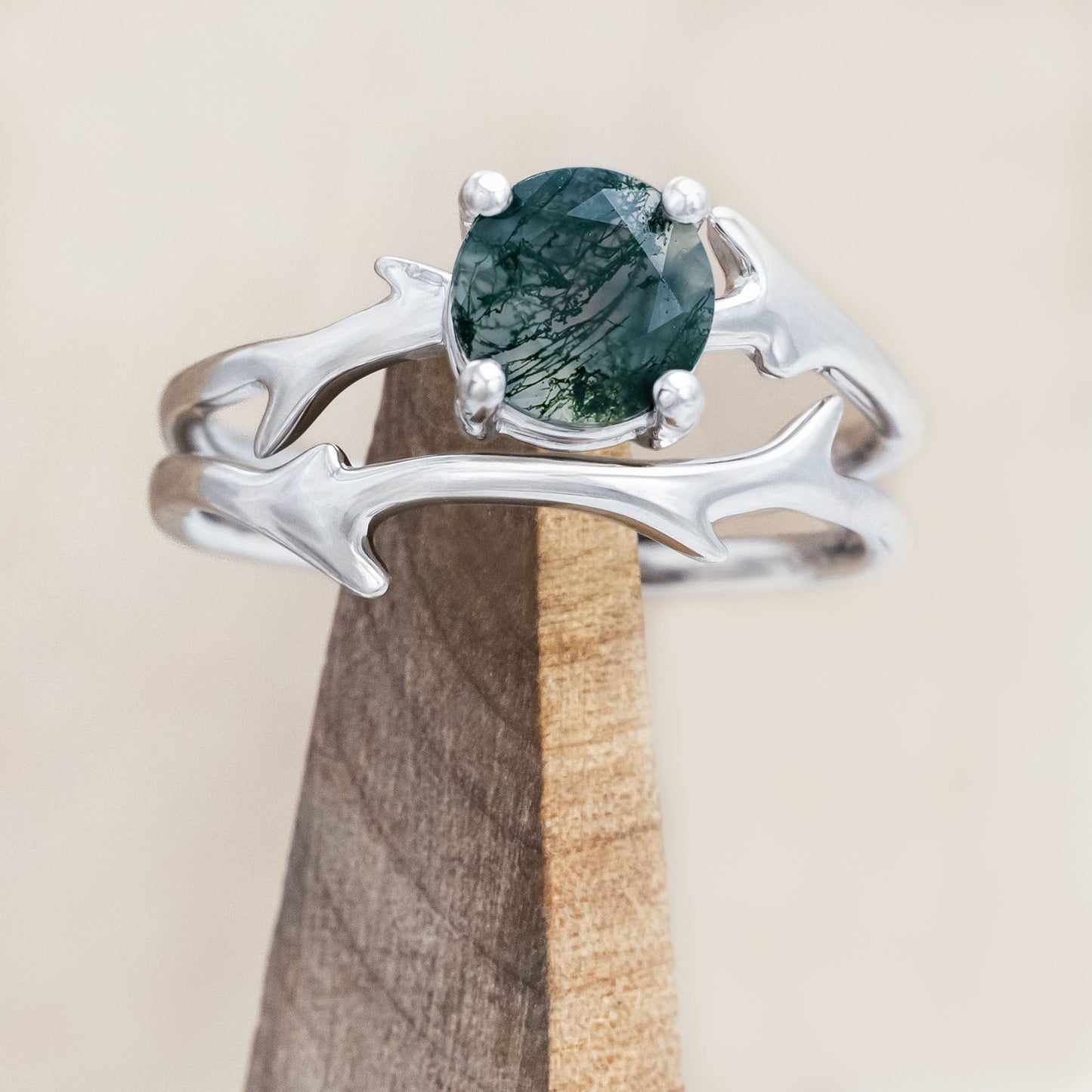 "Artemis" - Round Cut Moss Agate Engagement Ring With An Antler-Style Stacking Band
