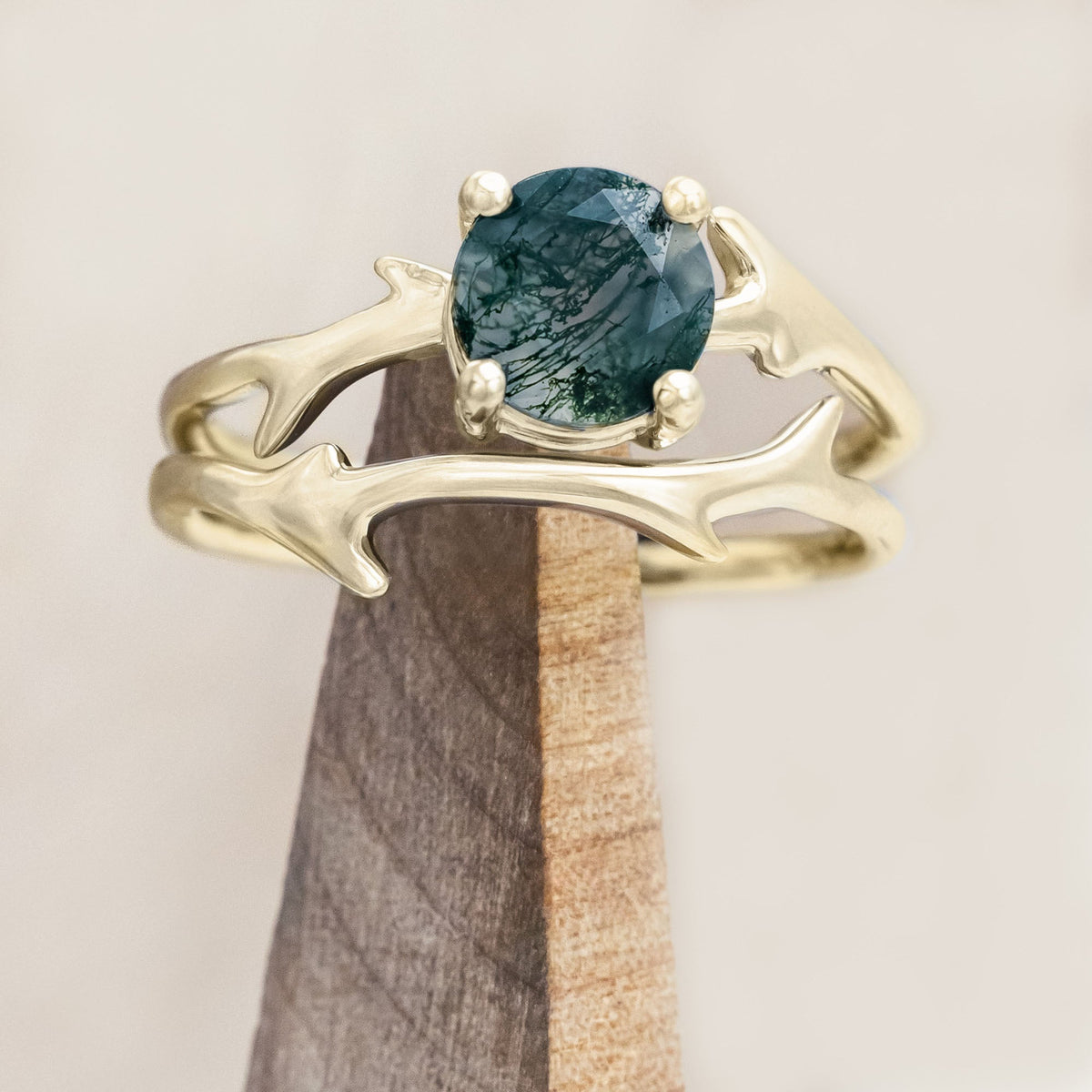 "Artemis" - Round Cut Moss Agate Engagement Ring With An Antler-Style Stacking Band