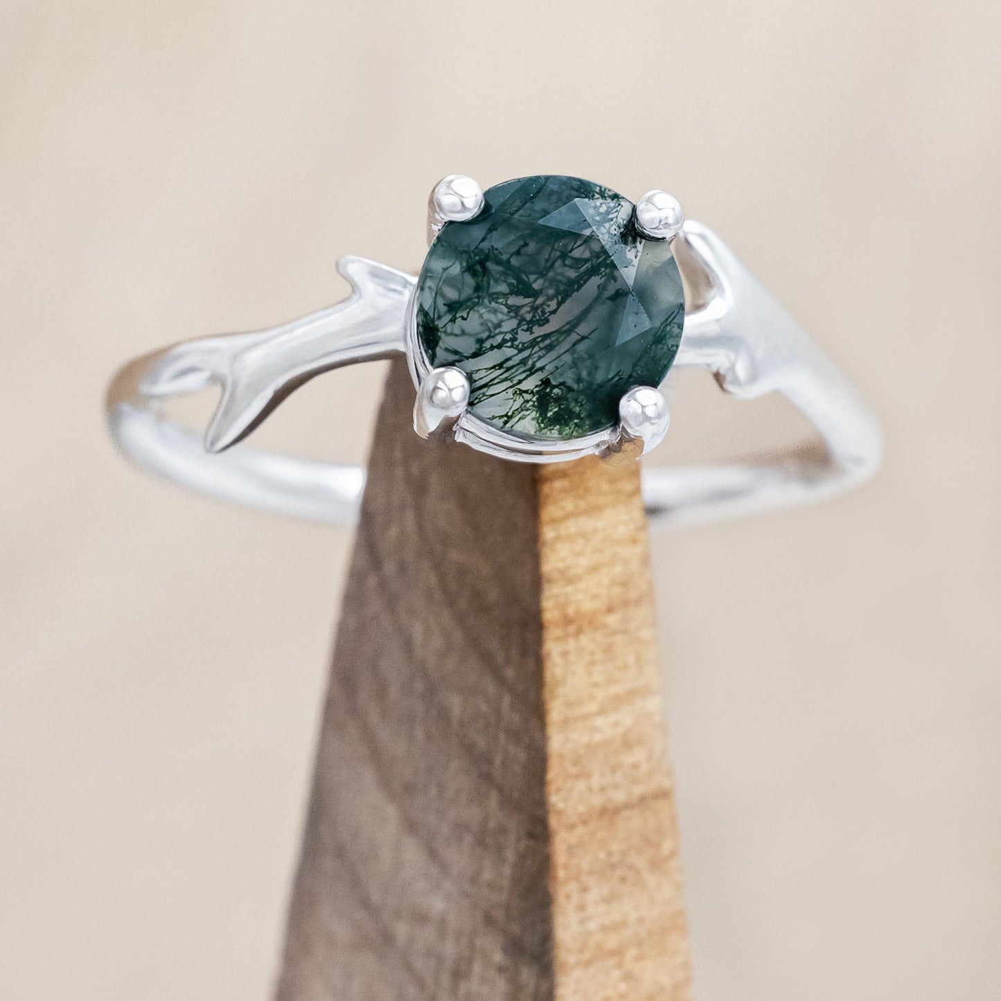"Artemis" - Round Cut Moss Agate Engagement Ring With An Antler-Style Stacking Band