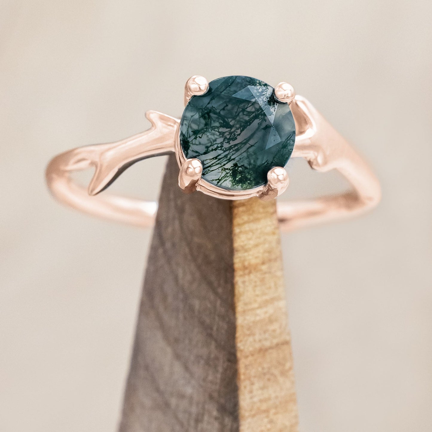 "Artemis" - Round Cut Moss Agate Engagement Ring With An Antler-Style Stacking Band