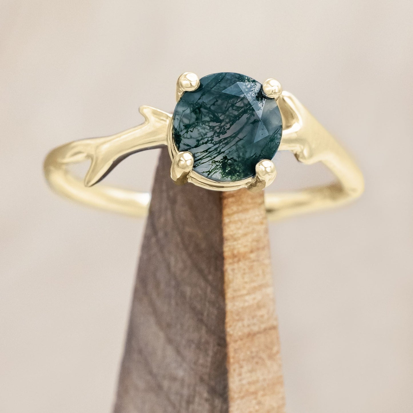 "Artemis" - Round Cut Moss Agate Engagement Ring With An Antler-Style Stacking Band