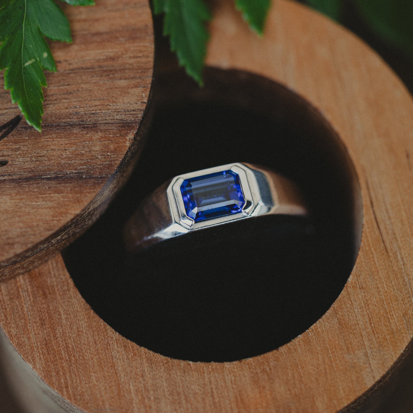"Arthur" - Bezel Set Lab-Grown Sapphire Wedding Band - 14K White Gold - Size 10 3/4